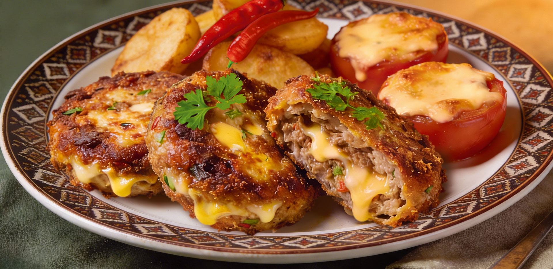 Mit geschmolzenem Käse gefüllte Frikadellen mit Petersilie, gebratenen Kartoffeln, roten Chilischoten und überbackenen Tomaten auf einem dekorativen Teller.